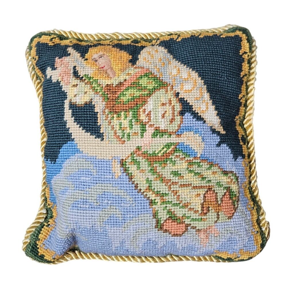 Vintage Needlepoint Throw Pillow Angel 10x10 in Christmas Traditional Holiday